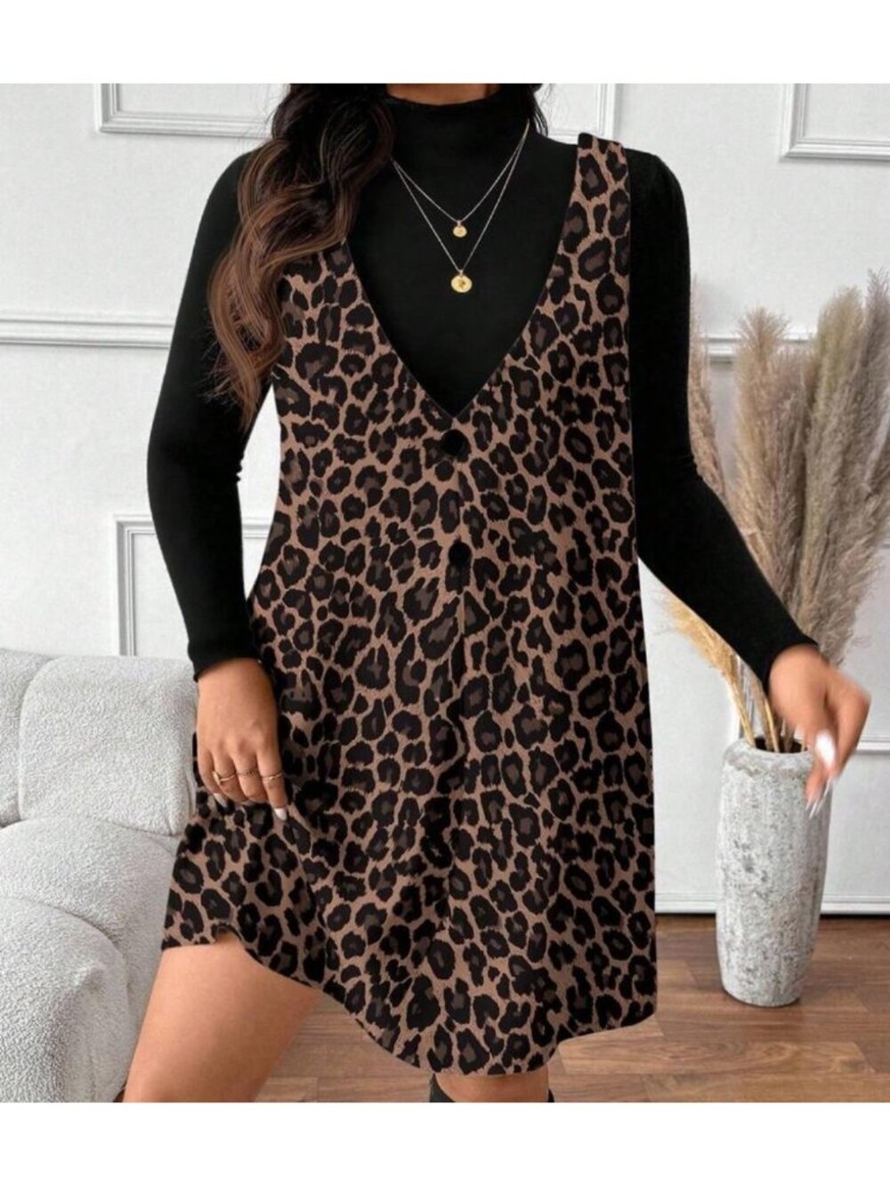 Cheetah Print Ribbed Jumper Dress Black Mock Turtleneck Womens Large